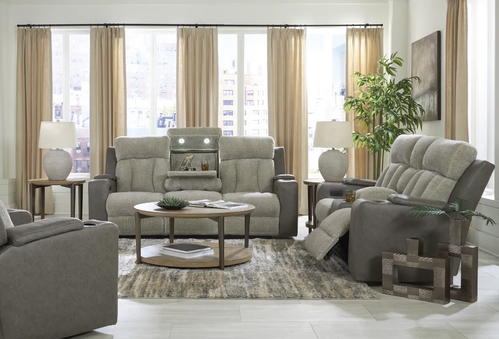 Ashley Stately Check Dual Power Reclining Loveseat with Console